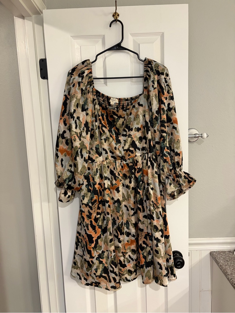 Entro Abstract Watercolor Smocked Mini Dress 2X Balloon Sleeve Boho